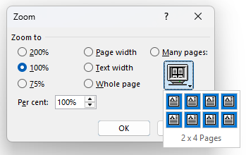 Zoom options many pages option in Word